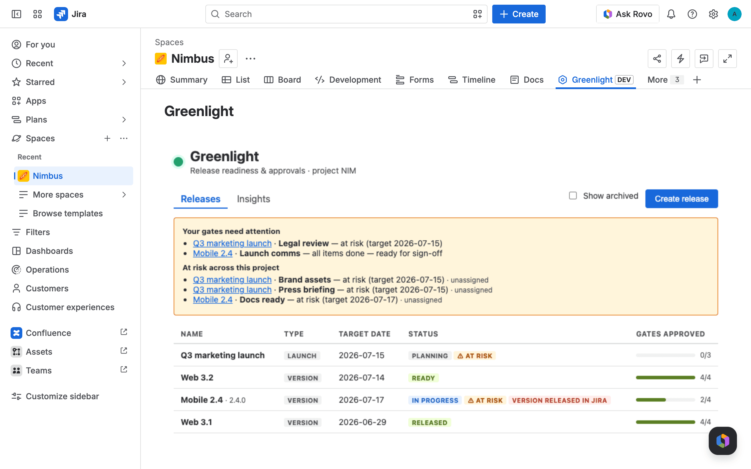 Greenlight hub showing releases, readiness bars, and the attention strip